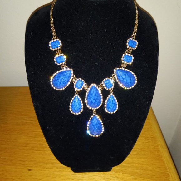 Royal Blue & Cubic Zirconia Tear Drop Shape Statement Necklace - Picture 1 of 10